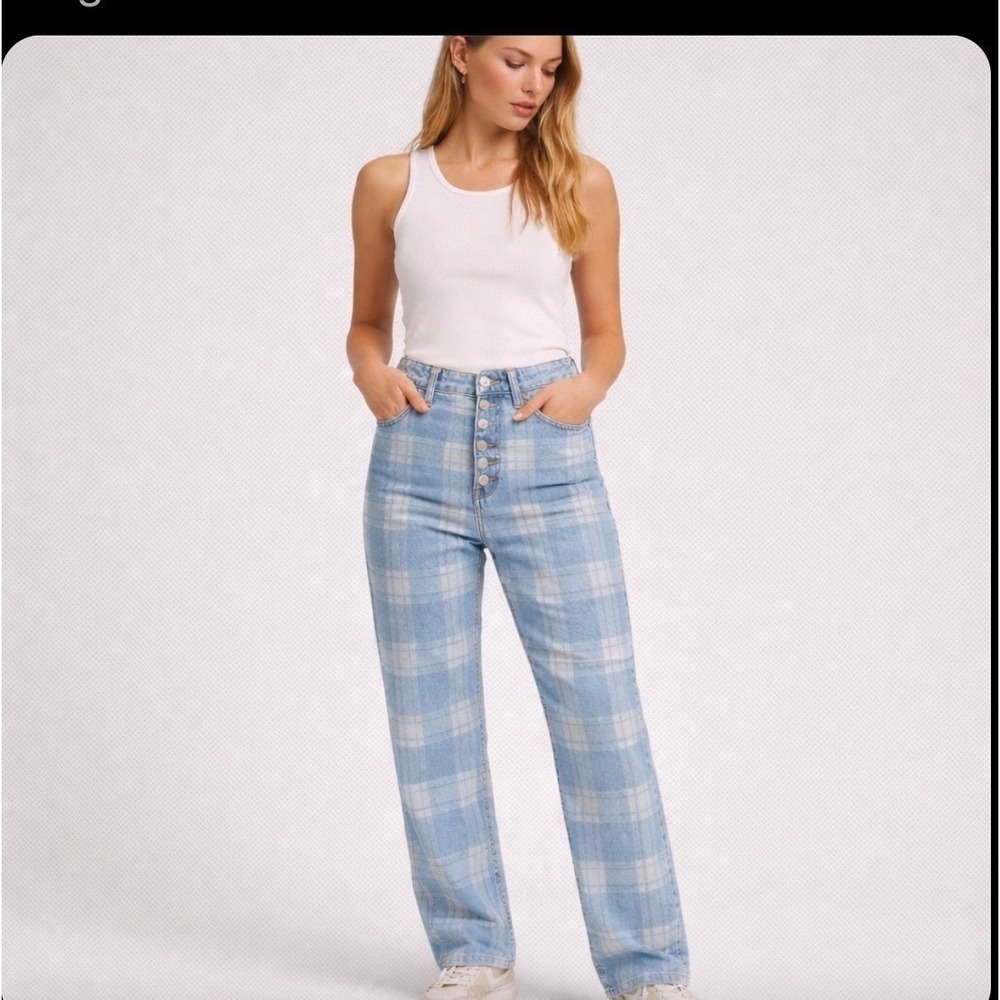 H&M Divided‎ High Rise Plaid Print Rigid Denim Jeans Women's 8, Button Fl, Y2k